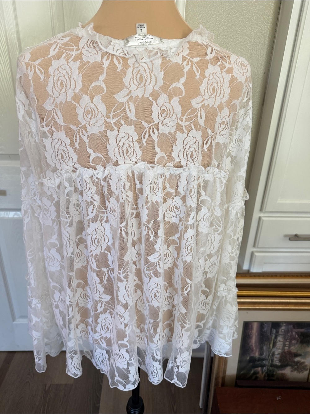 White Lace Peasant Blouse - Feminine V-Neck Top romantic bohemian - Picture 3 of 4